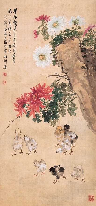 金梦石 菊花群鸡 立轴